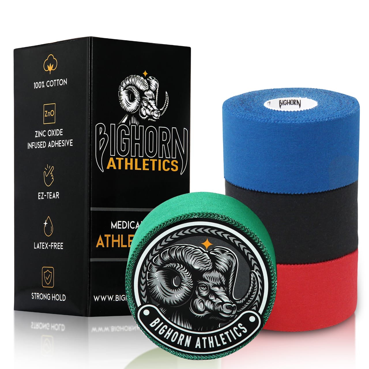 EZ-Tear Athletic Sports Tape, 1.5-Inch x 45-feet, 4-Rolls (Red, Black, Blue, Green)