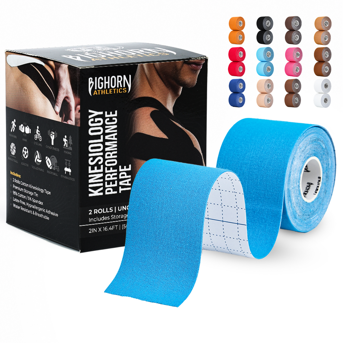 Uncut Kinesiology Tape Roll — 2 Rolls (2" x 16.4 ft) | Waterproof Athletic Support Tape | Blue