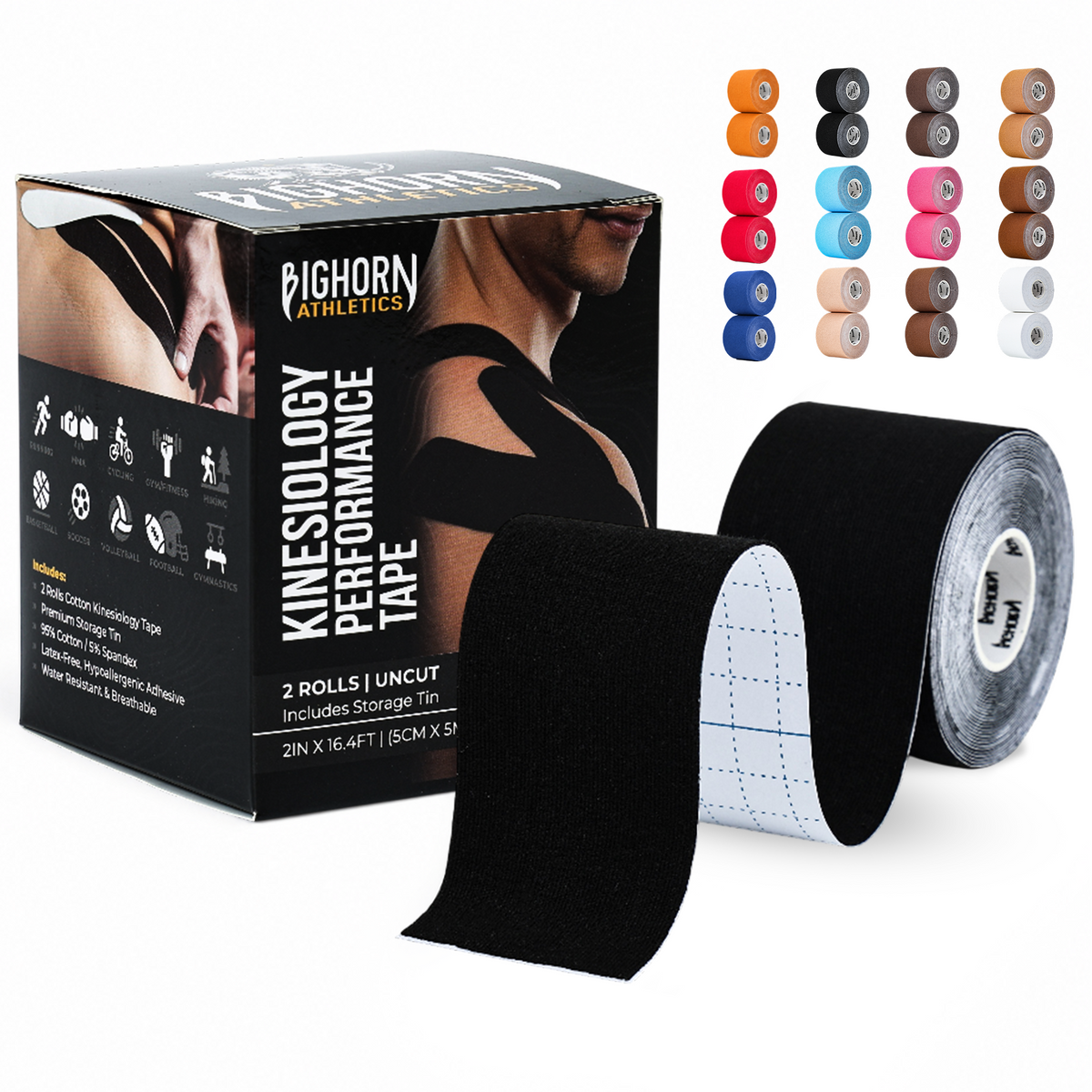 Uncut Kinesiology Tape Roll — 2 Rolls (2" x 16.4 ft) | Waterproof Athletic Support Tape | Black