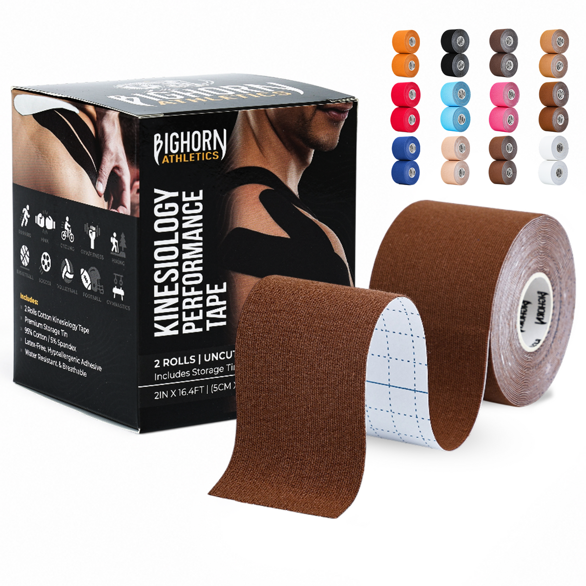 Uncut Kinesiology Tape Roll — 2 Rolls (2" x 16.4 ft) | Waterproof Athletic Support Tape | Brown