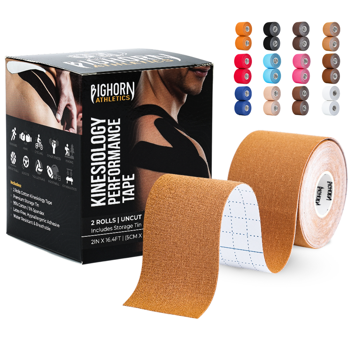 Uncut Kinesiology Tape Roll — 2 Rolls (2" x 16.4 ft) | Waterproof Athletic Support Tape | Caramel