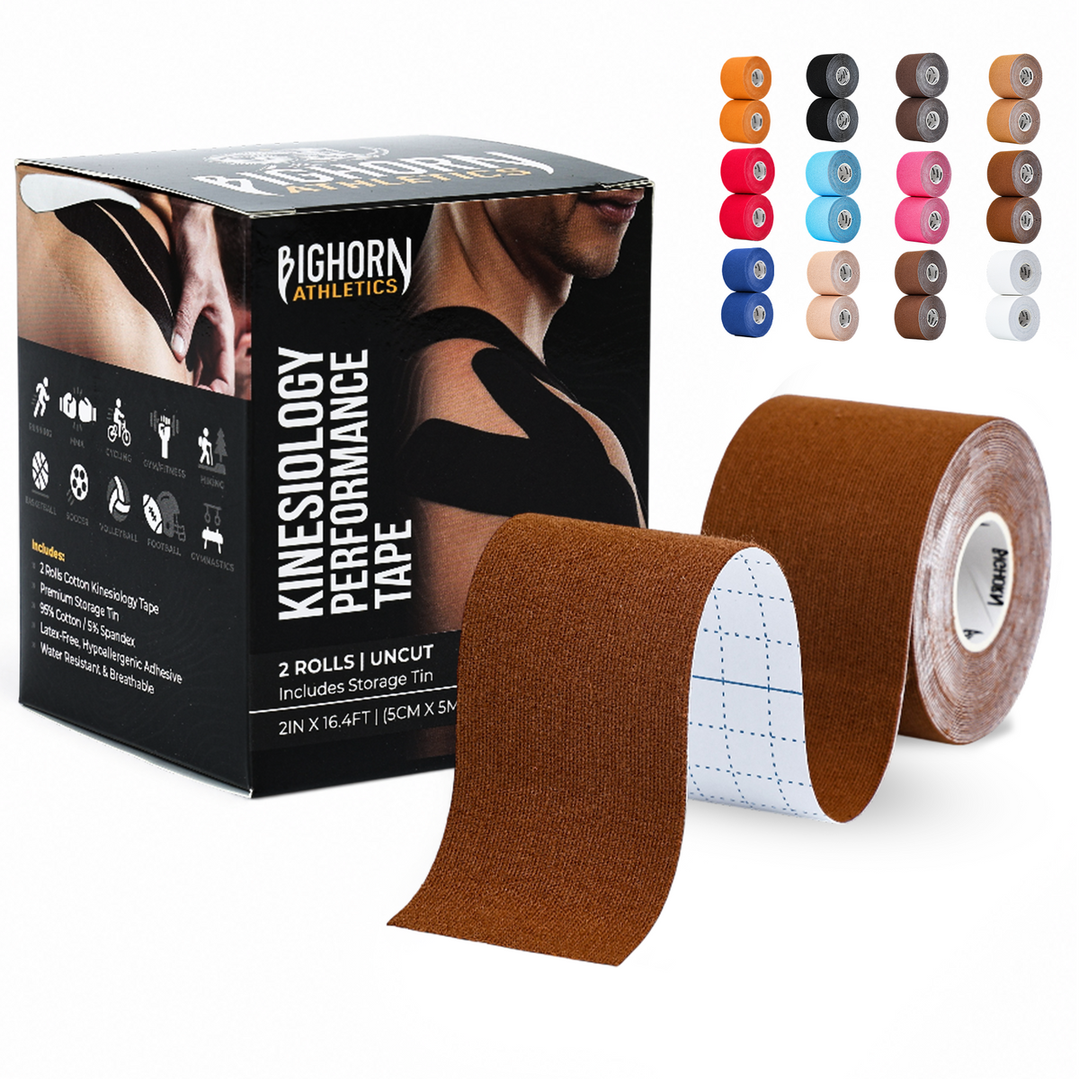 Uncut Kinesiology Tape Roll — 2 Rolls (2" x 16.4 ft) | Waterproof Athletic Support Tape | Chocolate