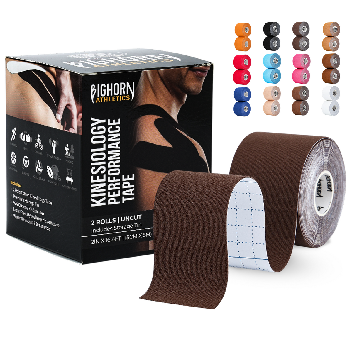 Uncut Kinesiology Tape Roll — 2 Rolls (2" x 16.4 ft) | Waterproof Athletic Support Tape | Cocoa
