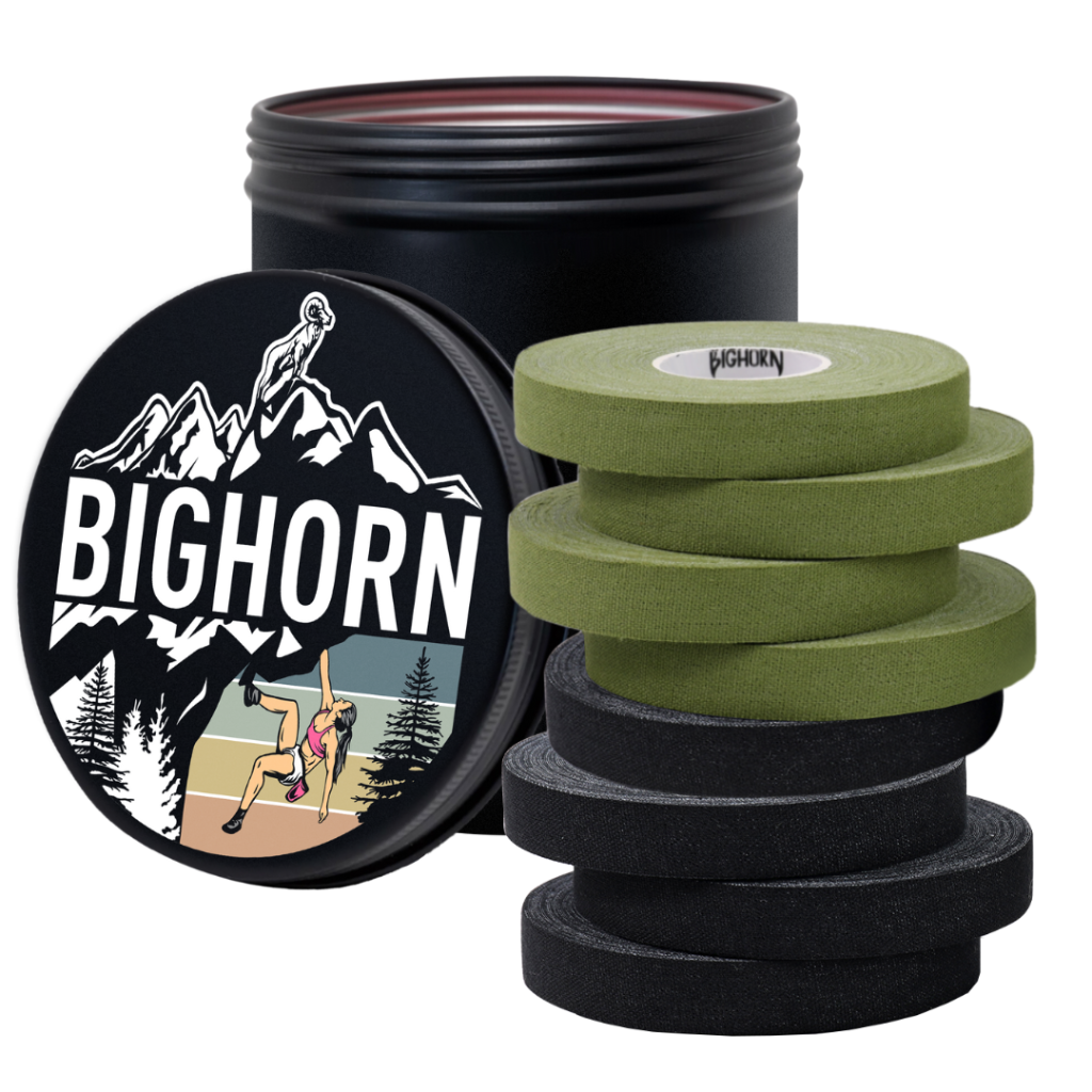 Climbing Finger Tape with Tin Canister, 0.5-Inch x 45-feet, 8-Rolls, Military Green &amp; Black