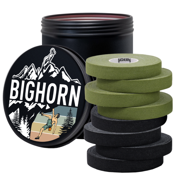 Climbing Finger Tape with Male Tin Canister, 0.5-Inch x 45-feet, 8-Rolls, Military Green & Black