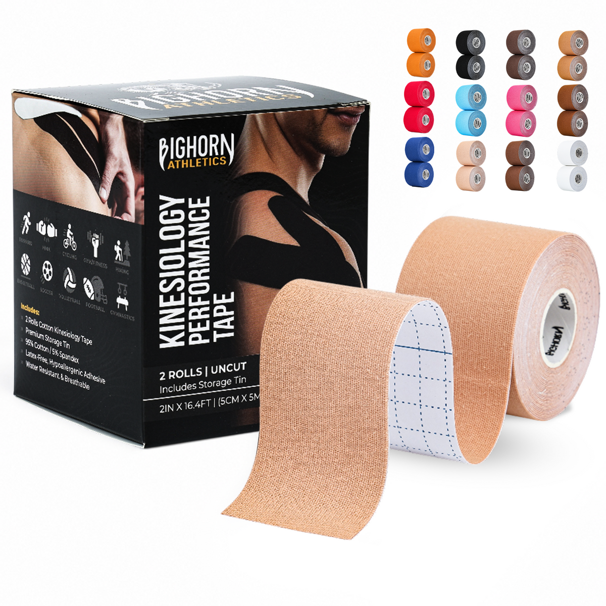 Uncut Kinesiology Tape Roll — 2 Rolls (2" x 16.4 ft) | Waterproof Athletic Support Tape | Nude