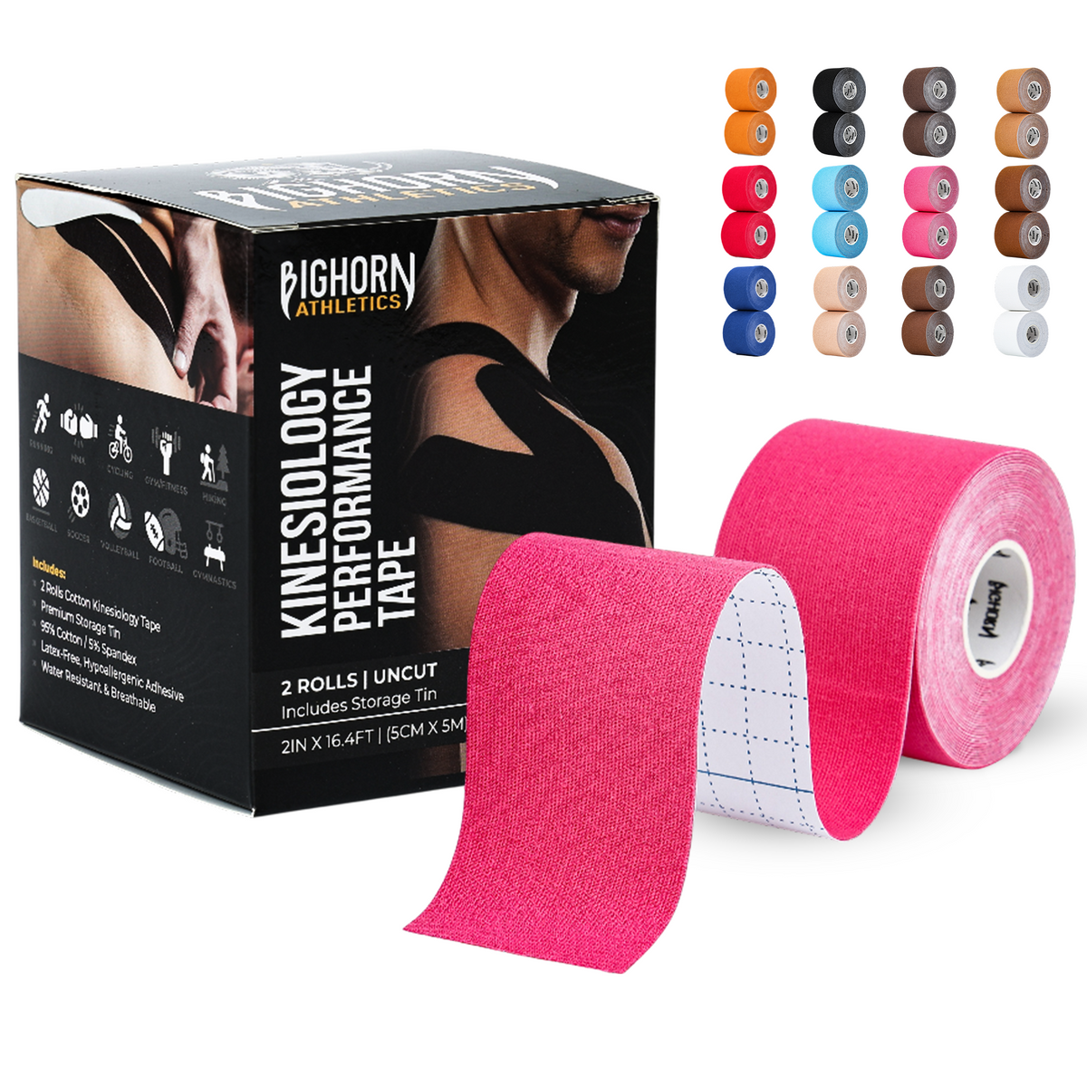 Uncut Kinesiology Tape Roll — 2 Rolls (2" x 16.4 ft) | Waterproof Athletic Support Tape | Pink