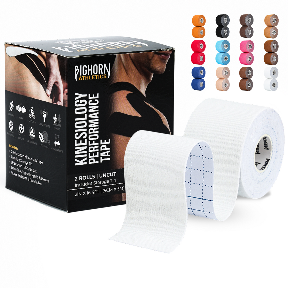Uncut Kinesiology Tape Roll — 2 Rolls (2" x 16.4 ft) | Waterproof Athletic Support Tape | White